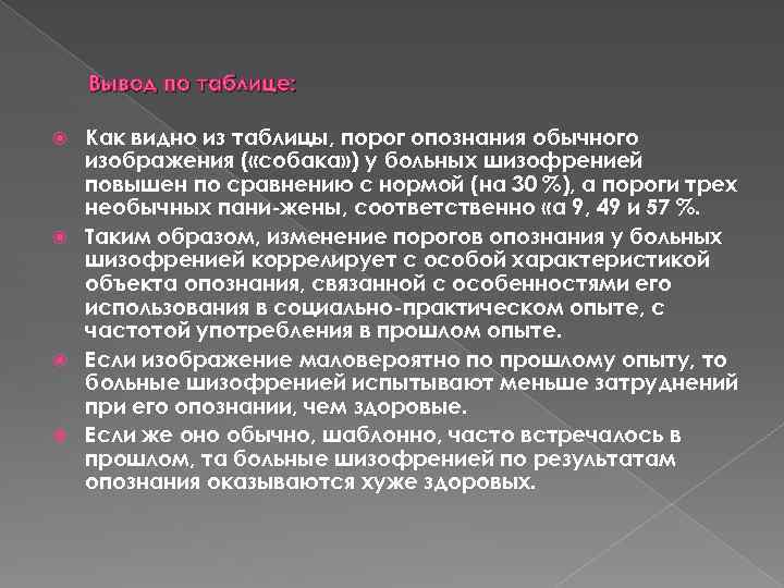 Вывод по таблице: Как видно из таблицы, порог опознания обычного изображения ( «собака» )