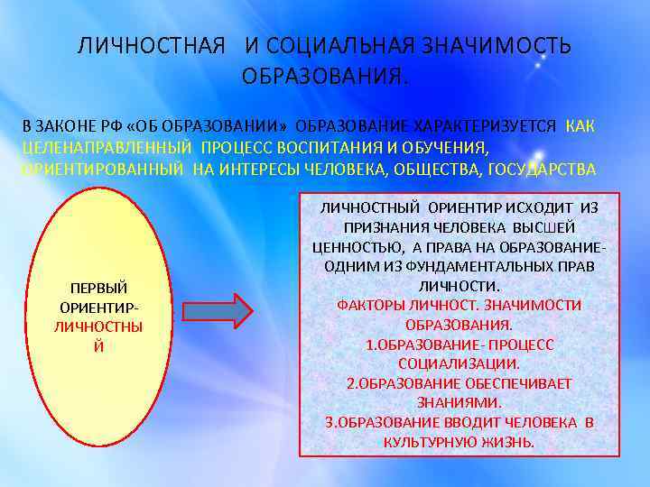ЛИЧНОСТНАЯ И СОЦИАЛЬНАЯ ЗНАЧИМОСТЬ ОБРАЗОВАНИЯ. В ЗАКОНЕ РФ «ОБ ОБРАЗОВАНИИ» ОБРАЗОВАНИЕ ХАРАКТЕРИЗУЕТСЯ КАК ЦЕЛЕНАПРАВЛЕННЫЙ