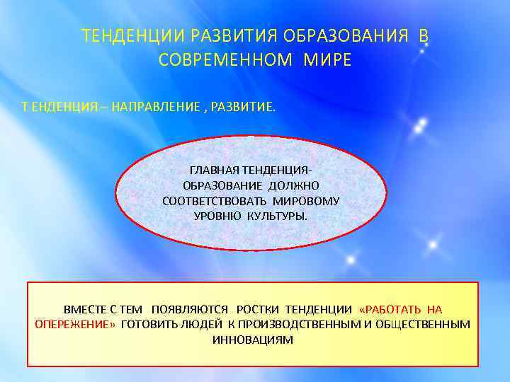 ТЕНДЕНЦИИ РАЗВИТИЯ ОБРАЗОВАНИЯ В СОВРЕМЕННОМ МИРЕ Т ЕНДЕНЦИЯ – НАПРАВЛЕНИЕ , РАЗВИТИЕ. ГЛАВНАЯ ТЕНДЕНЦИЯОБРАЗОВАНИЕ