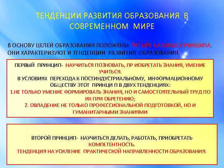 ТЕНДЕНЦИИ РАЗВИТИЯ ОБРАЗОВАНИЯ В СОВРЕМЕННОМ МИРЕ В ОСНОВУ ЦЕЛЕЙ ОБРАЗОВАНИЯ ПОЛОЖЕНЫ ЧЕТЫРЕ БАЗОВЫХ ПРИНЦИПА.