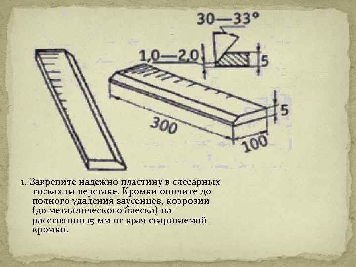 1. Закрепите надежно пластину в слесарных тисках на верстаке. Кромки опилите до полного удаления
