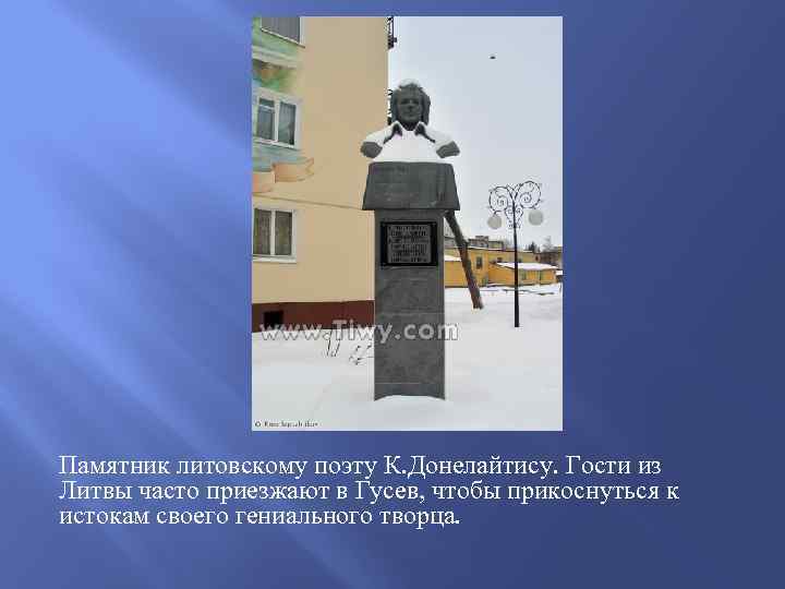Памятник литовскому поэту К. Донелайтису. Гости из Литвы часто приезжают в Гусев, чтобы прикоснуться
