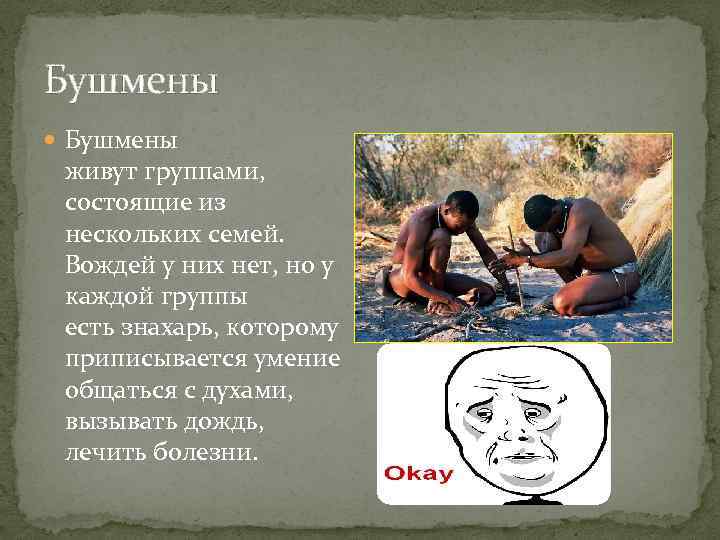 Бушмены живут группами, состоящие из нескольких семей. Вождей у них нет, но у каждой