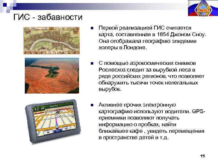 ГИС - забавности n Первой реализацией ГИС считается карта, составленная в 1854 Джоном Сноу.