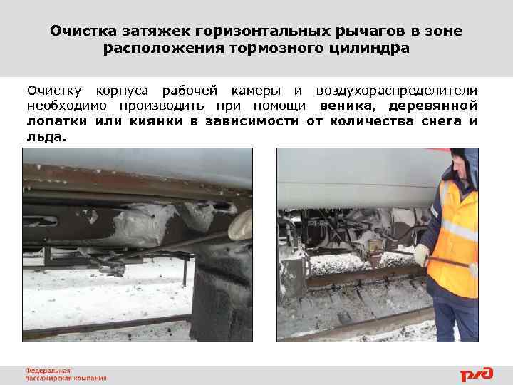 Очистка затяжек горизонтальных рычагов в зоне расположения тормозного цилиндра Очистку корпуса рабочей камеры и