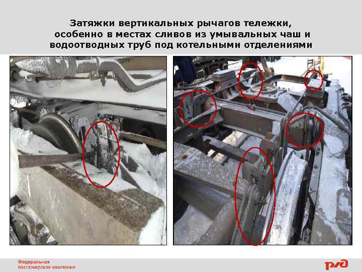 Затяжки вертикальных рычагов тележки, особенно в местах сливов из умывальных чаш и водоотводных труб