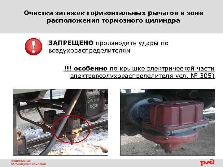 Очистка затяжек горизонтальных рычагов в зоне расположения тормозного цилиндра ЗАПРЕЩЕНО производить удары по воздухораспределителям