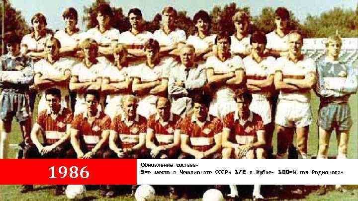 1986 Обновление состава. 3 -е место в Чемпионате СССР, 1/2 в Кубке. 100 -й