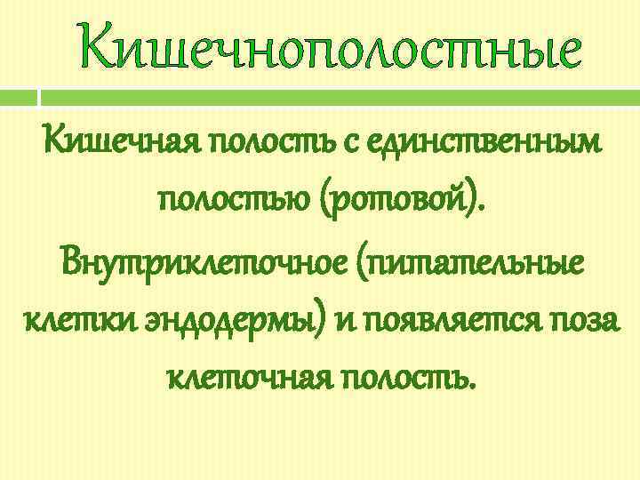 Кишечнополостные Кишечная полость с единственным полостью (ротовой). Внутриклеточное (питательные клетки эндодермы) и появляется поза
