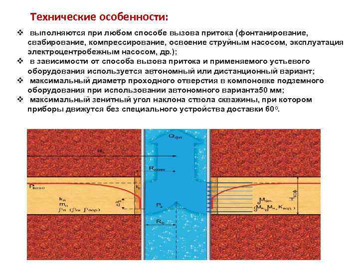 Технические особенности: v выполняются при любом способе вызова притока (фонтанирование, свабирование, компрессирование, освоение струйным