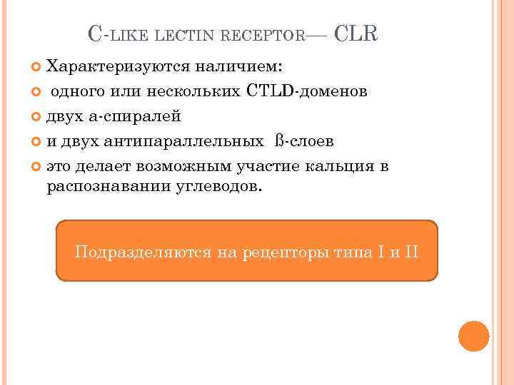 C-LIKE LECTIN RECEPTOR— CLR Характеризуются наличием: одного или нескольких CTLD-доменов двух а-спиралей и двух