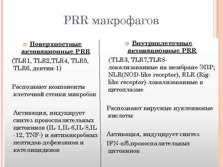 PRR макрофагов Поверхностные активационные PRR (TLR 1, TLR 2, TLR 4, TLR 5, TLR