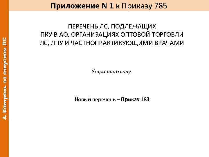 4. Контроль за отпуском ЛС Приложение N 1 к Приказу 785 ПЕРЕЧЕНЬ ЛС, ПОДЛЕЖАЩИХ