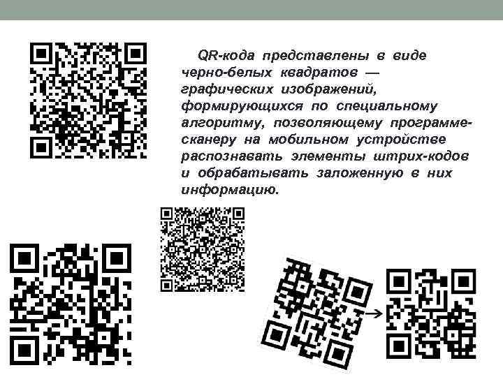 QR-кода представлены в виде черно-белых квадратов — графических изображений, формирующихся по специальному алгоритму, позволяющему