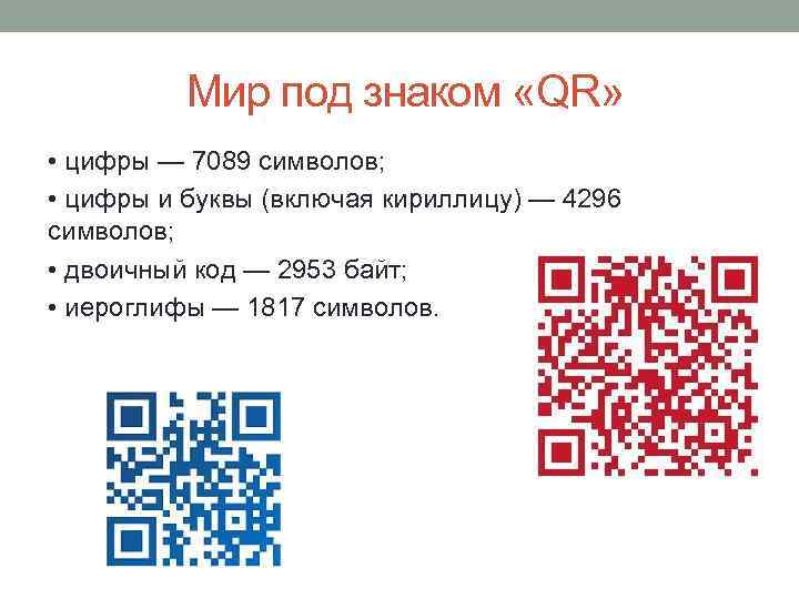  Мир под знаком «QR» • цифры — 7089 символов; • цифры и буквы