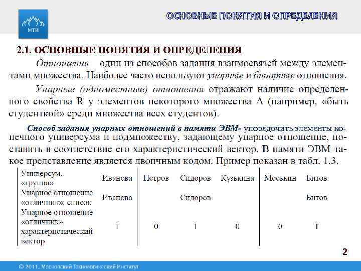 ОСНОВНЫЕ ПОНЯТИЯ И ОПРЕДЕЛЕНИЯ 2. 1. ОСНОВНЫЕ ПОНЯТИЯ И ОПРЕДЕЛЕНИЯ Способ задания унарных отношений