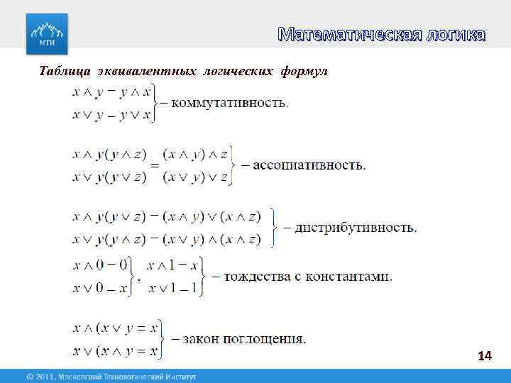 Математическая логика Таблица эквивалентных логических формул 14 