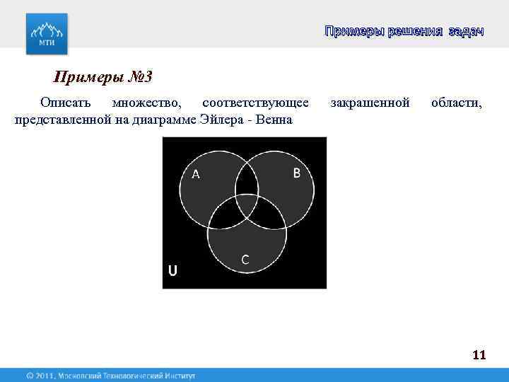 Примеры решения задач Примеры № 3 Описать множество, соответствующее представленной на диаграмме Эйлера -