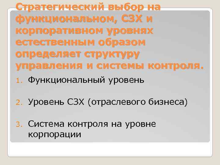 Стратегический выбор на функциональном, СЗХ и корпоративном уровнях естественным образом определяет структуру управления и