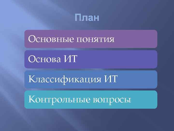 План Основные понятия Основа ИТ Классификация ИТ Контрольные вопросы 