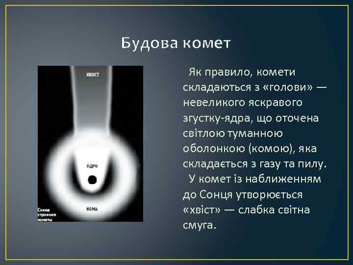 Будова комет Як правило, комети складаються з «голови» — невеликого яскравого згустку-ядра, що оточена