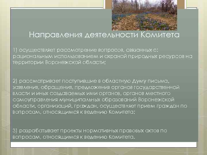 Направления деятельности Комитета 1) осуществляет рассмотрение вопросов, связанных с: рациональным использованием и охраной природных