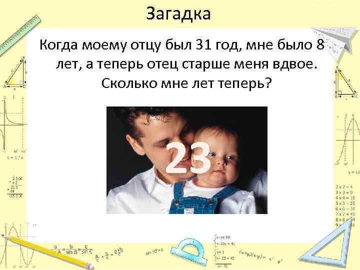 Загадка Когда моему отцу был 31 год, мне было 8 лет, а теперь отец