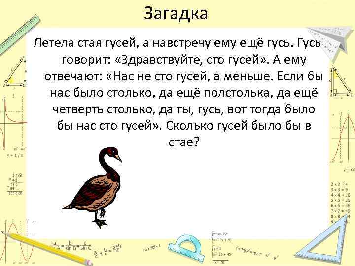 Загадка Летела стая гусей, а навстречу ему ещё гусь. Гусь говорит: «Здравствуйте, сто гусей»