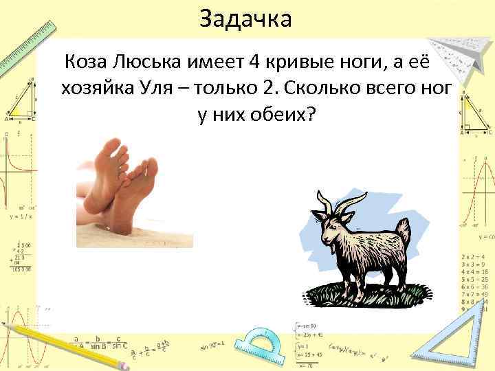 Задачка Коза Люська имеет 4 кривые ноги, а её хозяйка Уля – только 2.
