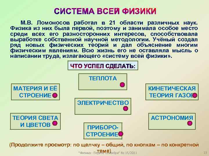 М. В. Ломоносов работал в 21 области различных наук. Физика из них была первой,