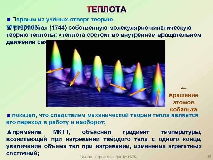 Первым из учёных отверг теорию теплорода; ▲ разработал (1744) собственную молекулярно-кинетическую теорию теплоты: «теплота