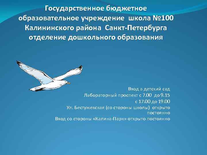 Государственное бюджетное образовательное учреждение школа № 100 Калининского района Санкт-Петербурга отделение дошкольного образования Вход