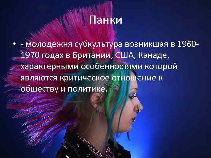 Панки • - молодежня субкультура возникшая в 19601970 годах в Британии, США, Канаде, характерными
