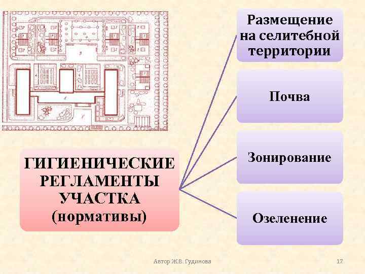 Размещение на селитебной территории Почва ГИГИЕНИЧЕСКИЕ РЕГЛАМЕНТЫ УЧАСТКА (нормативы) Автор Ж. В. Гудинова Зонирование