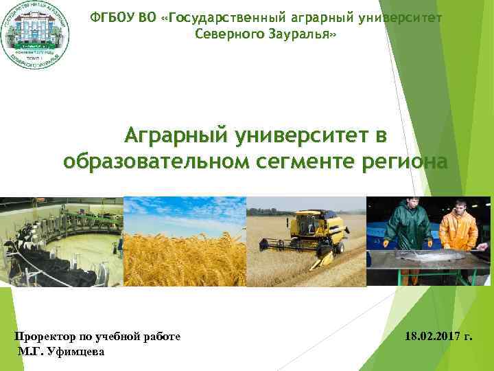 ФГБОУ ВО «Государственный аграрный университет Северного Зауралья» Аграрный университет в образовательном сегменте региона Проректор