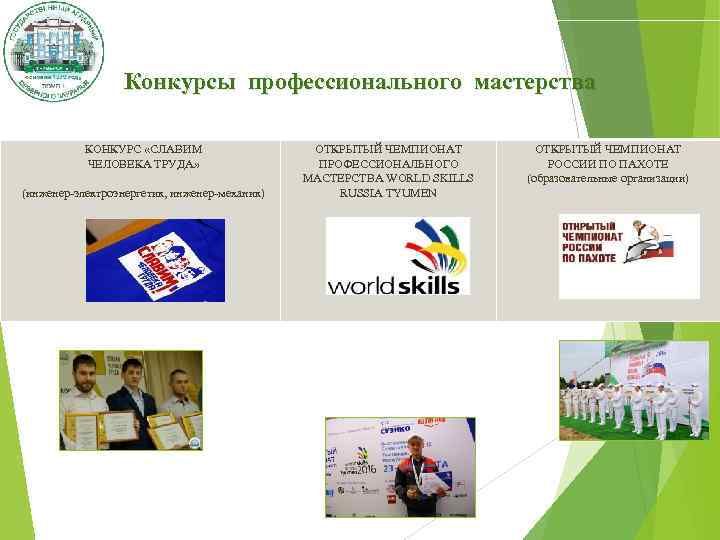 Конкурсы профессионального мастерства КОНКУРС «СЛАВИМ ЧЕЛОВЕКА ТРУДА» (инженер-электроэнергетик, инженер-механик) ОТКРЫТЫЙ ЧЕМПИОНАТ ПРОФЕССИОНАЛЬНОГО МАСТЕРСТВА WORLD