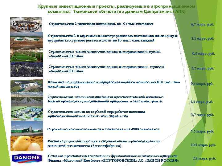 Крупные инвестиционные проекты, реализуемые в агропромышленном комплексе Тюменской области (по данным Департамента АПК) Строительство