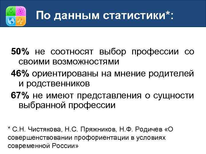 По данным статистики*: 50% не соотносят выбор профессии со своими возможностями 46% ориентированы на