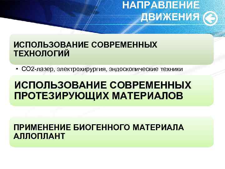НАПРАВЛЕНИЕ ДВИЖЕНИЯ ИСПОЛЬЗОВАНИЕ СОВРЕМЕННЫХ ТЕХНОЛОГИЙ • СО 2 лазер, электрохирургия, эндоскопические техники ИСПОЛЬЗОВАНИЕ СОВРЕМЕННЫХ