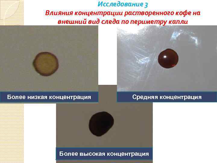 Исследование 3 Влияния концентрации растворенного кофе на внешний вид следа по периметру капли Более