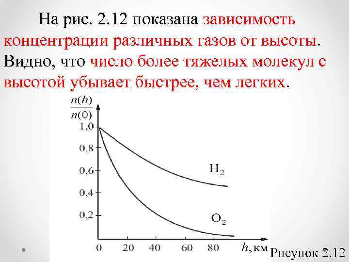 На рис. 2. 12 показана зависимость концентрации различных газов от высоты. Видно, что число