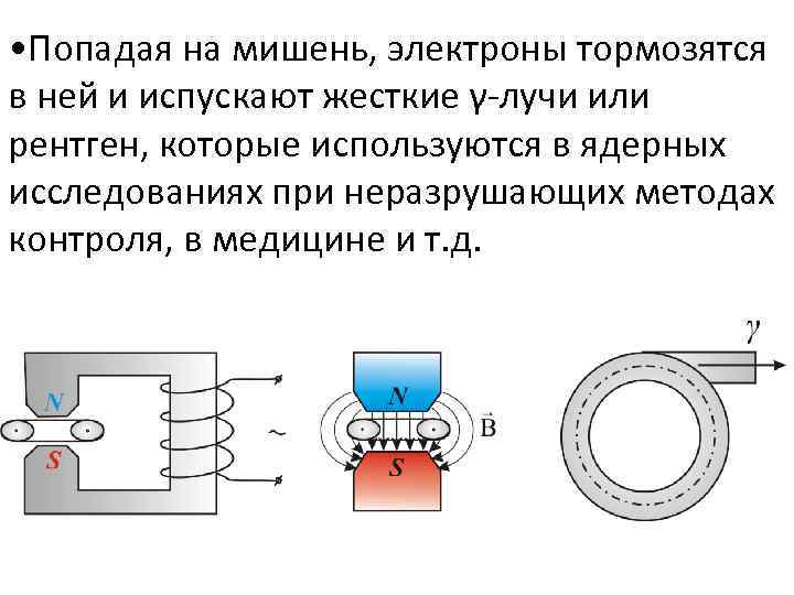  • Попадая на мишень, электроны тормозятся в ней и испускают жесткие γ-лучи или