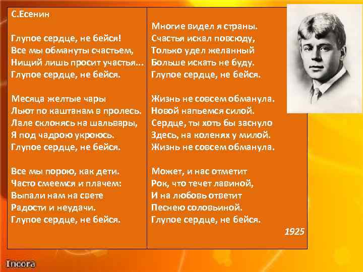 С. Есенин Многие видел я страны. Глупое сердце, не бейся! Счастья искал повсюду, Все