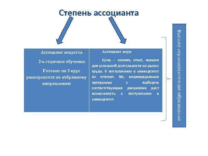 Степень ассоцианта 2 -х годичное обучение Готовит на 3 курс университета по избранному направлению