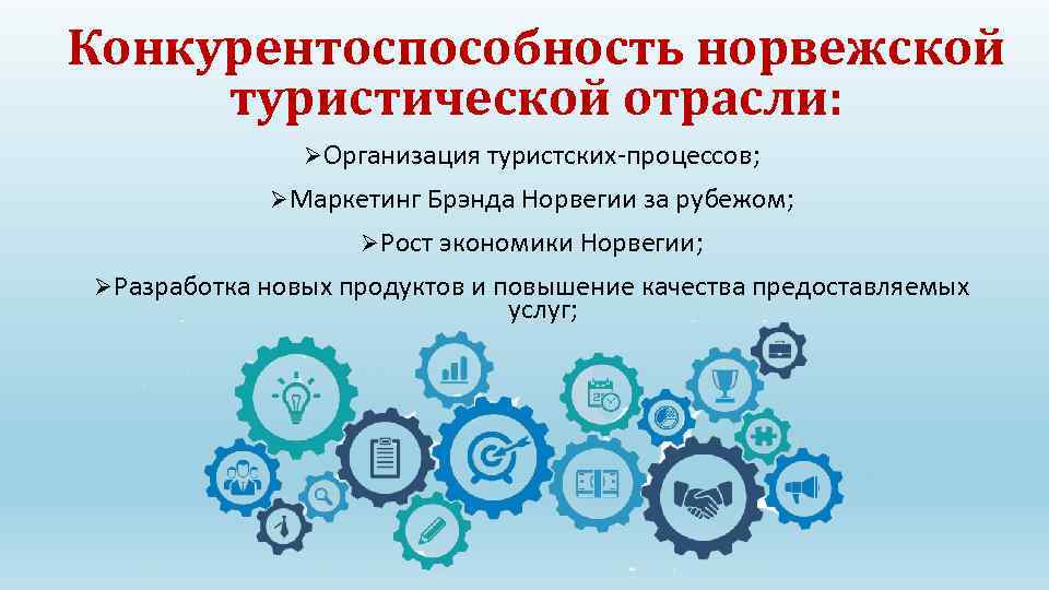 Конкурентоспособность норвежской туристической отрасли: Ø Организация туристских-процессов; Ø Маркетинг Брэнда Норвегии за рубежом; Ø