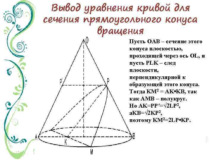 Перпендикулярные образующие. Сечение конуса перпендикулярное образующей. Перпендикулярные образующие конуса. Вывод уравнения конуса. Уравнение сечения конуса плоскостью.