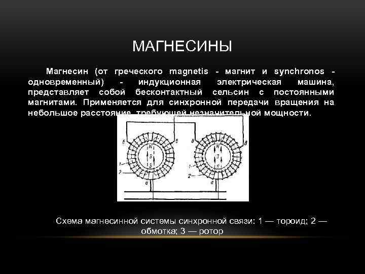 МАГНЕСИНЫ Магнесин (от греческого magnetis - магнит и synchronos одновременный) индукционная электрическая машина, представляет