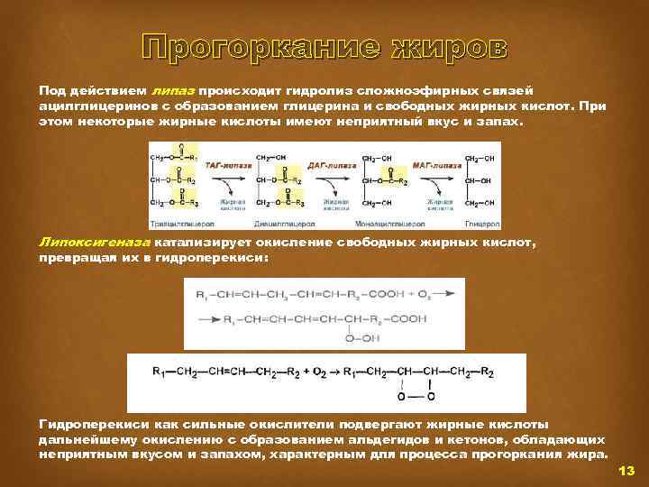 Прогоркание жиров Под действием липаз происходит гидролиз сложноэфирных связей ацилглицеринов с образованием глицерина и