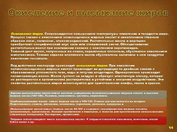 Окисление и высыхание жиров Осаливание жиров. Сопровождается повышением температуры плавления и твердости жира. Процесс