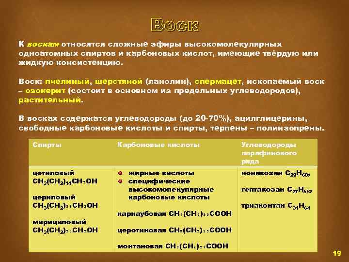 Воск К воскам относятся сложные эфиры высокомолекулярных одноатомных спиртов и карбоновых кислот, имеющие твёрдую